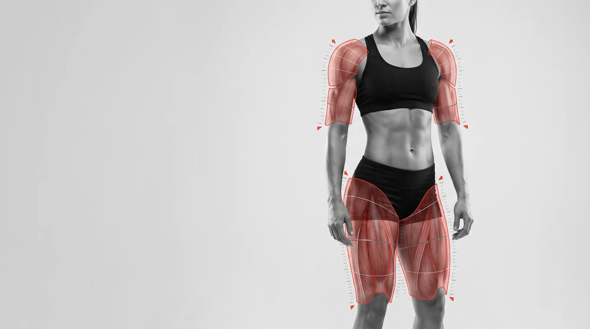 Black-and-white photo of a strong athlete with translucent red armour plates fitted over her shoulders and quadriceps.