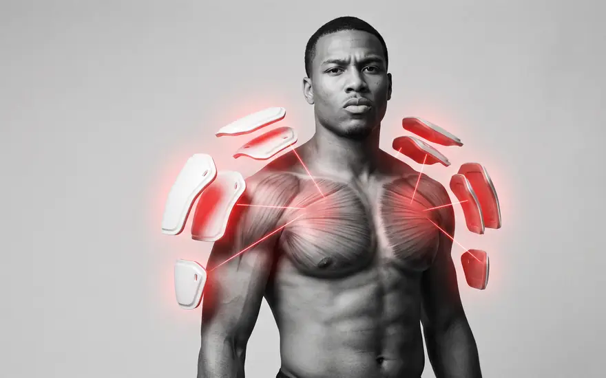 Black-and-white photo of an athlete as white and red armour plates click into place over his chest and shoulders.